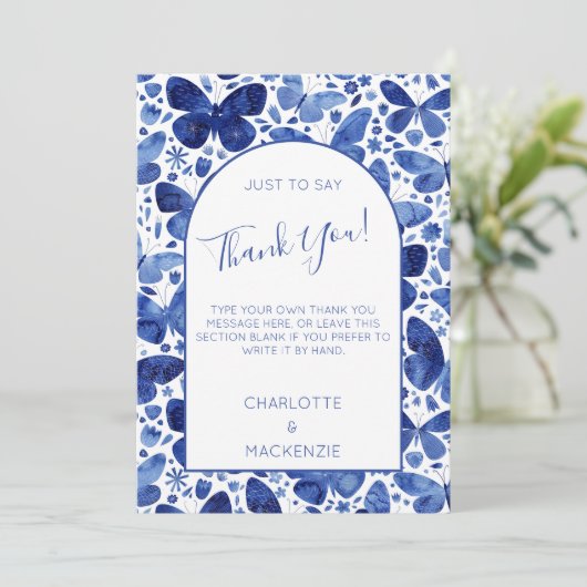 Vlinder Waterverf Patroon Blauw en Wit Bedankkaart (Staand voorkant)