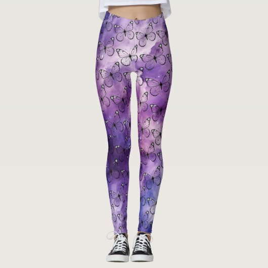 Vlinder Waterverf Patroon Paarse Leggings (Voorkant)