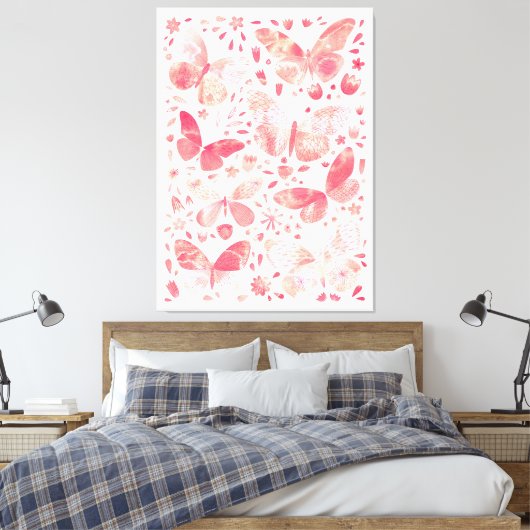 Vlinder Waterverf Perzik Koraal Roze Canvas Afdruk (Insitu (Slaapkamer))