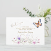Vlinder Wilde Bloemen Baby Shower Calligrafie  Bedankkaart (Staand voorkant)