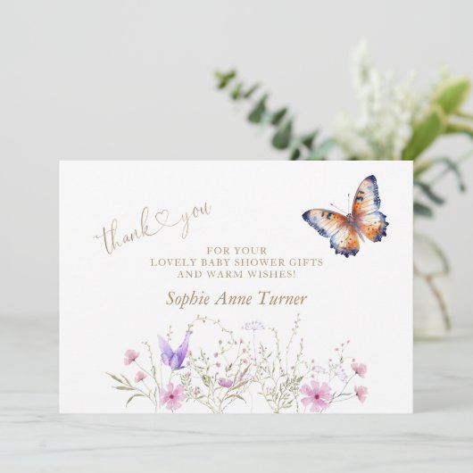 Vlinder Wilde Bloemen Baby Shower Calligrafie  Bedankkaart (Staand voorkant)