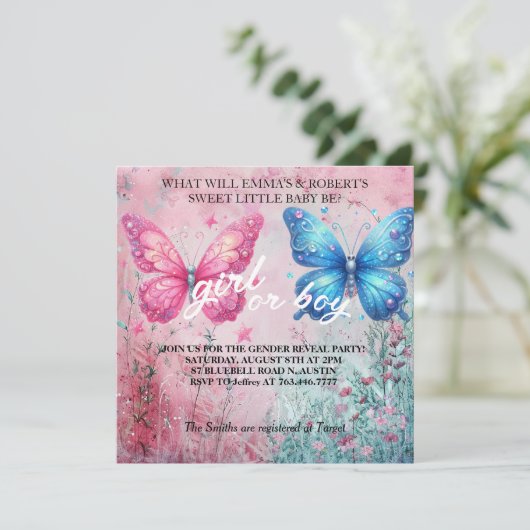 vlinder zomer Geslacht onthullen Party uitnodiging (Staand voorkant)