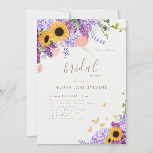 Vlinder Zonnebloem Lila Rustiek Vrijgezellenfeest Kaart (Voorkant)