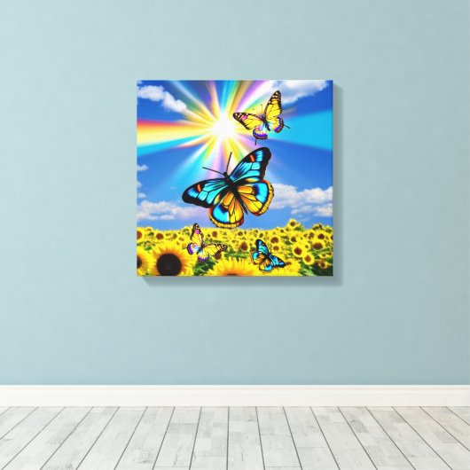 Vlinder & Zonnebloemen Canvas Afdruk (Insitu (Houten vloer))
