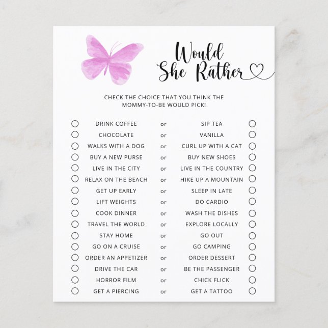 Vlinder / Zou ze liever baby shower spel (Voorkant)