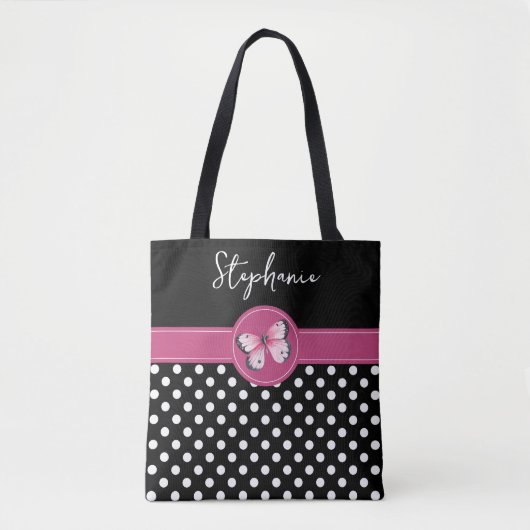 Vlinder zwart roze monogram polka stippen tote bag (Voorkant)