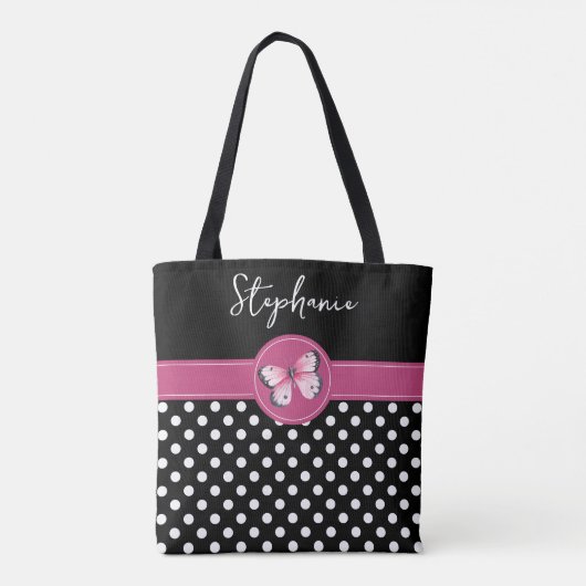 Vlinder zwart roze monogram polka stippen tote bag (Achterkant)