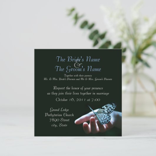 vlinderblauwe zwarte bruiloft kaart (Staand voorkant)