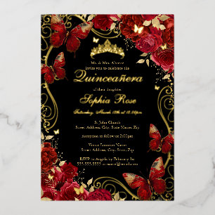 Vlinderbloem Rode Quinceanera Folie Uitnodiging