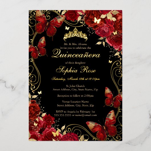  Vlinderbloem Rode Quinceanera Folie Uitnodiging (Voorkant)
