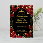  Vlinderbloem Rode Quinceanera Folie Uitnodiging (Staand Voorkant)