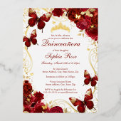 Vlinderbloem Rood Goud Quinceanera Folie Uitnodiging (Voorkant)