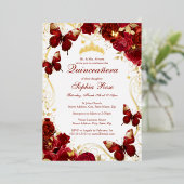 Vlinderbloem Rood Goud Quinceanera Folie Uitnodiging (Staand Voorkant)