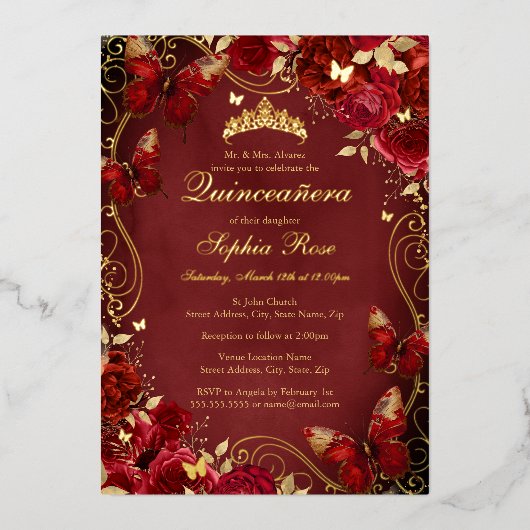 Vlinderbloem Royal Red Quinceanera Folie Uitnodiging (Voorkant)