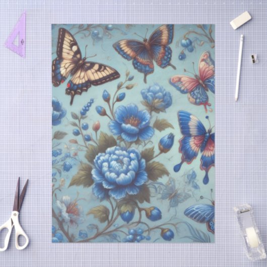 Vlinderbloemen Vlinders Blauw Decoupage Tissuepapier (Craft)