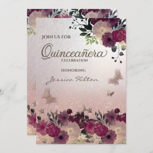 Vlinderbloementuin Quinceañera Uitnodiging (Voorkant / Achterkant)