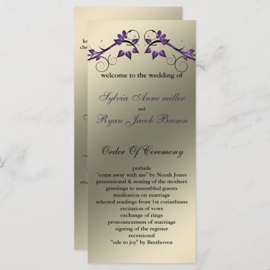 vlinderbloemig ivoor paarse Trouwprogramma Programmakaart (Voorkant / Achterkant)