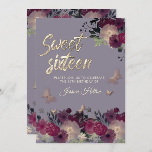 Vlinderbloemtuin lila zoet zestien kaart (Voorkant / Achterkant)