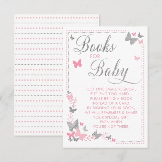 Vlinderboek voor Baby Kaart, roze, zilver Informatiekaartje (Voorkant / Achterkant)