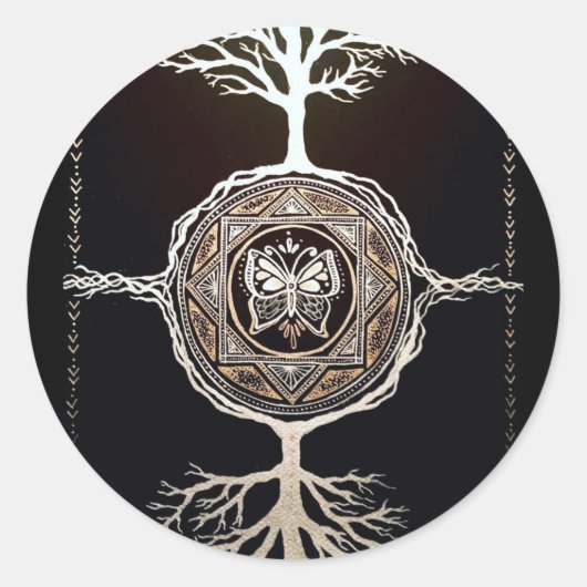 Vlinderboom Mandala Ronde Sticker (Voorkant)