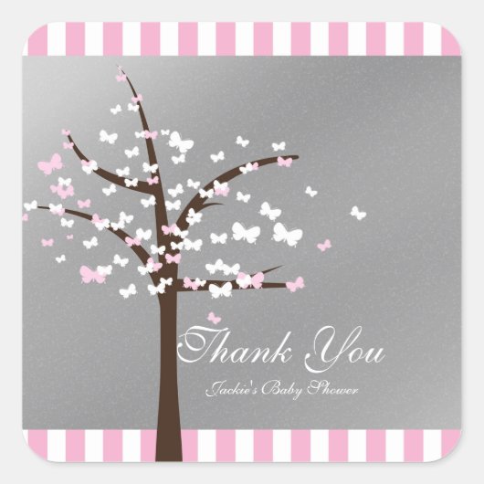 Vlinderboom Roze & Grijs Baby Shower Sticker (Voorkant)