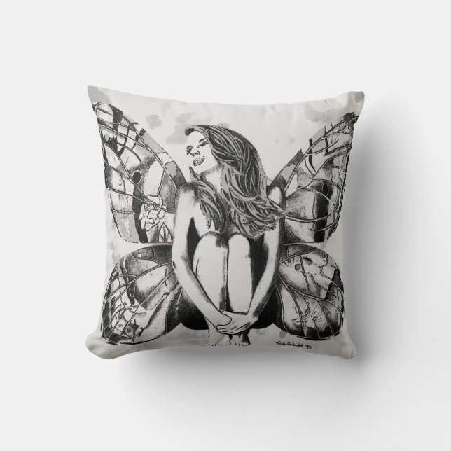 vlinderdame kussen, fantasieverhalen kussen, kunst kussen (Voorkant)
