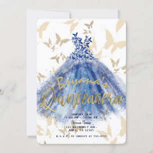 Vlinderdans Blauwe Jurk Gouden Quinceañera 15 Kaart