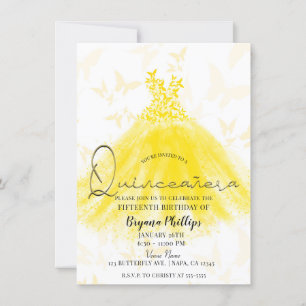 Vlinderdans Geel Glitter Jurk Quinceañera Kaart