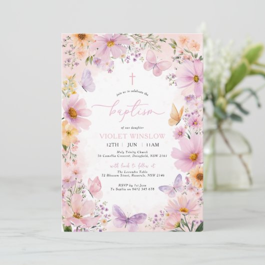 Vlinderdoop Floral Roze Paarse Meisje Kaart (Staand voorkant)