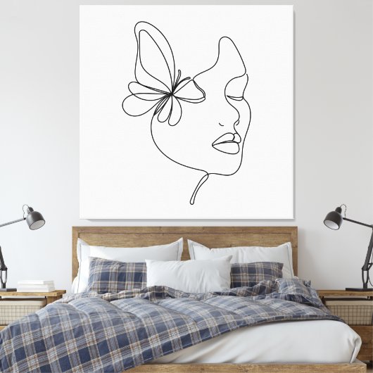 Vlinderdromen – Minimalistische Vrouw & Vlinder Canvas Afdruk (Insitu (Slaapkamer))
