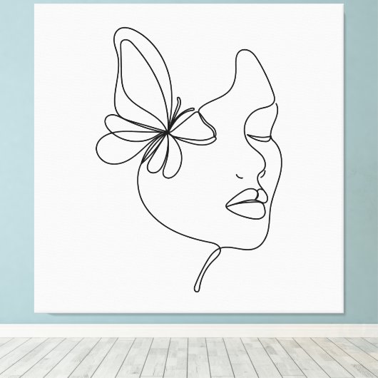 Vlinderdromen – Minimalistische Vrouw & Vlinder Canvas Afdruk (Insitu (Houten vloer))