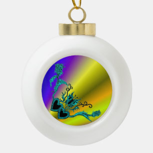 Vlinderenhart en Bloem op Regenboog Keramische Bal Ornament