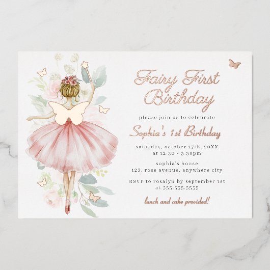 Vlinderfee Eerste 1e verjaardag Folie Uitnodiging (Voorkant)