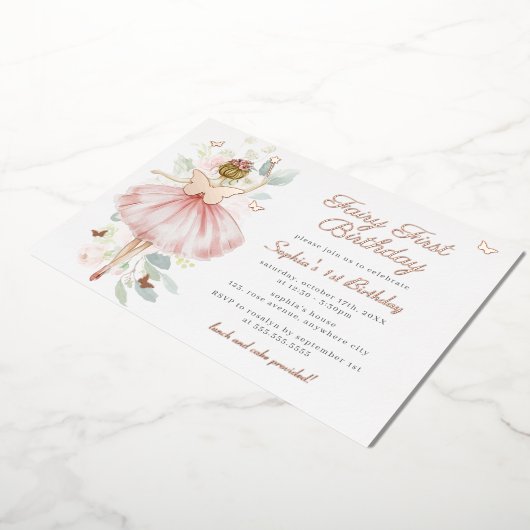 Vlinderfee Eerste 1e verjaardag Folie Uitnodiging (Gedraaid)