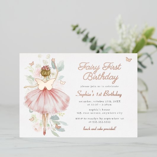 Vlinderfee Eerste 1e verjaardag Folie Uitnodiging (Staand Voorkant)