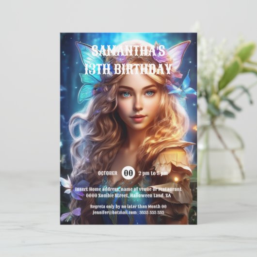 Vlinderfee prinses bruin haar meisjes fantasie kaart (Staand voorkant)