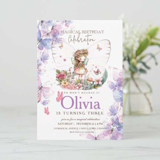 Vlinderfee Roze en Paars 3e Verjaardag  Kaart (Staand voorkant)