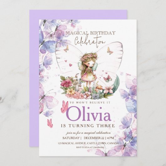 Vlinderfee Roze en Paars 3e Verjaardag  Kaart (Voorkant / Achterkant)