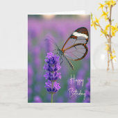 Vlinderglasvleugelvlinder op lavendel kaart (Gele Bloem)