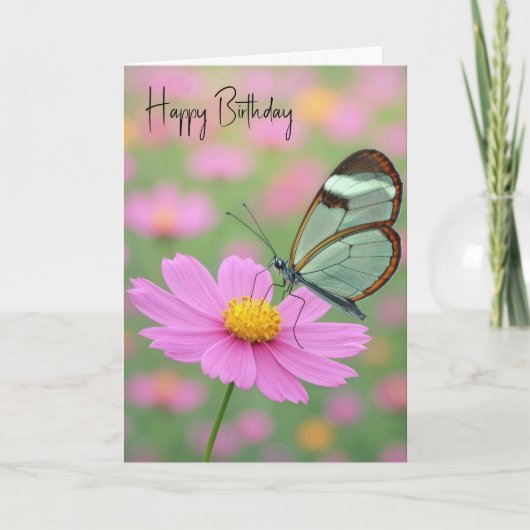 Vlinderglasvlinder op een Cosmos Bloem Kaart (Voorkant)