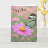 Vlinderglasvlinder op een Cosmos Bloem Kaart (Gele Bloem)