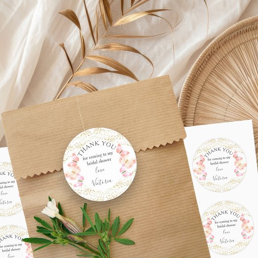 Vlindergroet Coral Goud Confetti Bedankt Ronde Sticker