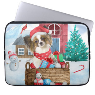 Vlinderhond in sneeuw Kersthondenhuis Laptop Sleeve