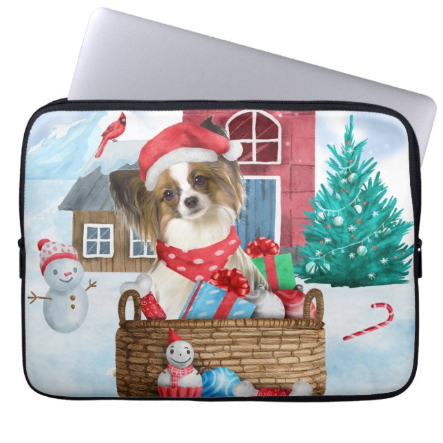 Vlinderhond in sneeuw Kersthondenhuis Laptop Sleeve (Voorkant)