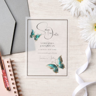 Vlinderjuweel blauw zilver save the date vellum uitnodigingen
