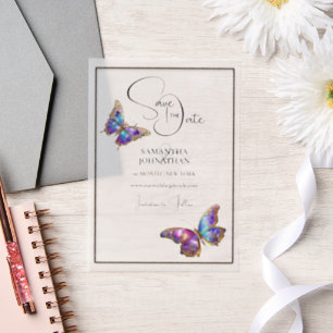 Vlinderjuweel paarse blauw save the date vellum uitnodigingen
