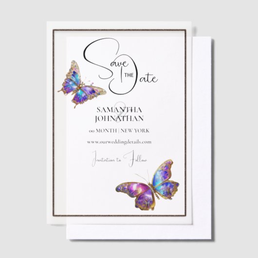 Vlinderjuweel paarse blauw save the date vellum uitnodigingen (Offset)