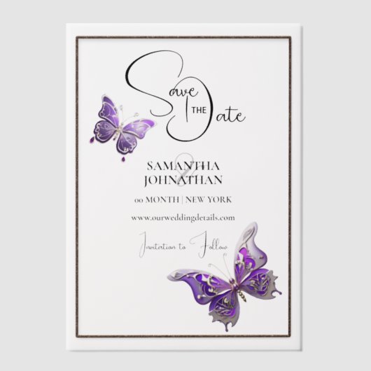 Vlinderjuweel paarse zilveren save the date vellum uitnodigingen (Voorkant)