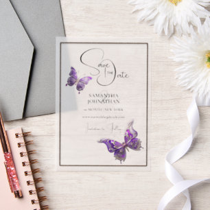Vlinderjuweel paarse zilveren save the date vellum uitnodigingen