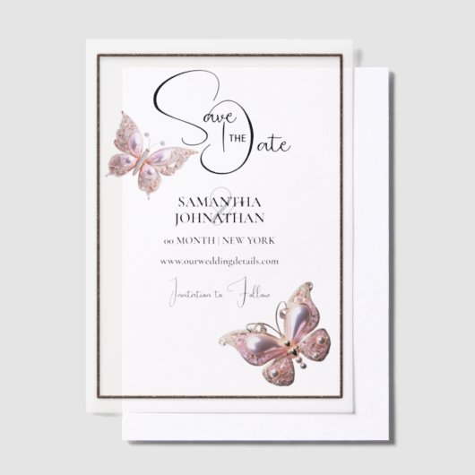 Vlinderjuweel roze zilver save the date vellum uitnodigingen (Offset)